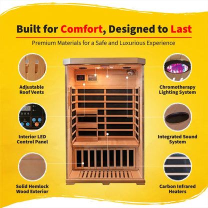 2-Person Hemlock Infrared Sauna with 6 Carbon Heaters