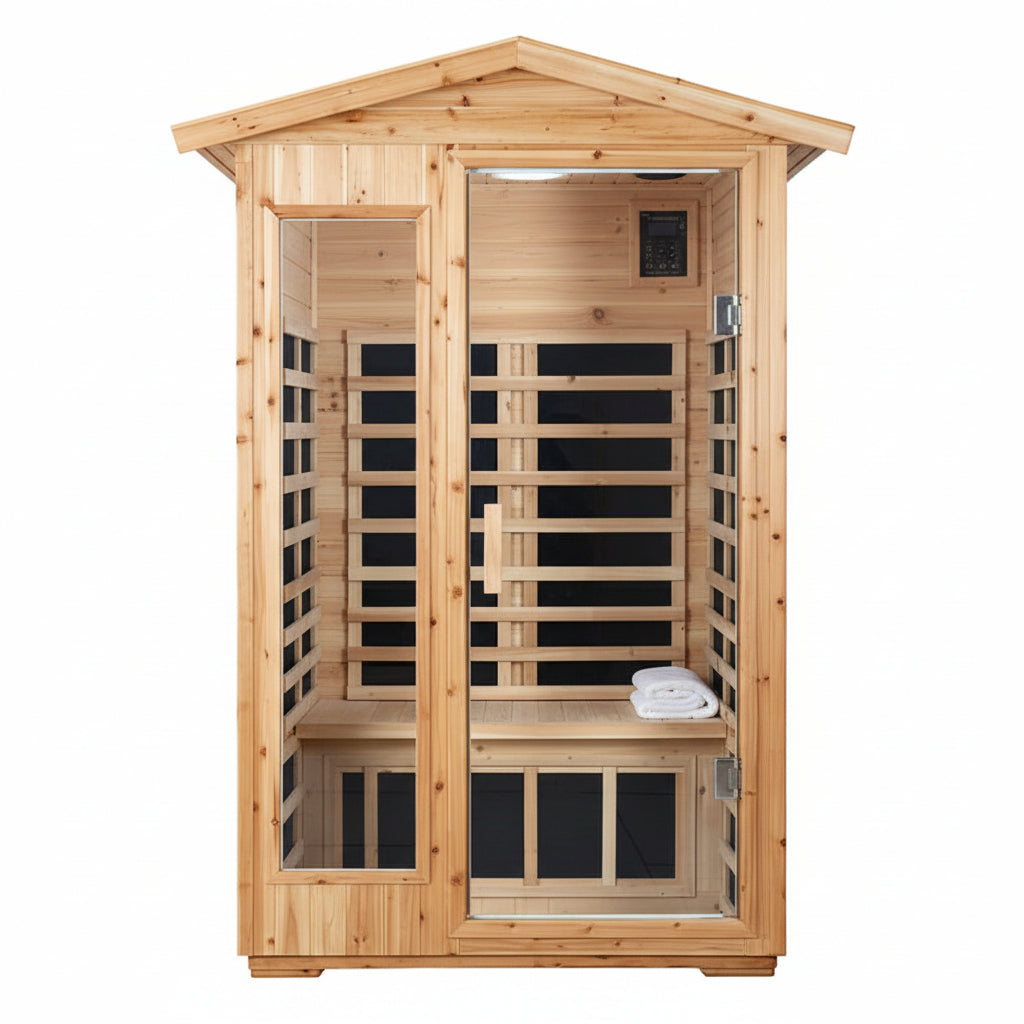 Outdoor 2 Person Old Fir Far Infrared Sauna Withstand Outdoor Temp -10°F to 149°F Low EMF Sauna Room for Home-9 Low EMF Heaters-Chromotherapy-Bluetooth Speakers