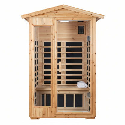 Outdoor 2 Person Old Fir Far Infrared Sauna Withstand Outdoor Temp -10°F to 149°F Low EMF Sauna Room for Home-9 Low EMF Heaters-Chromotherapy-Bluetooth Speakers