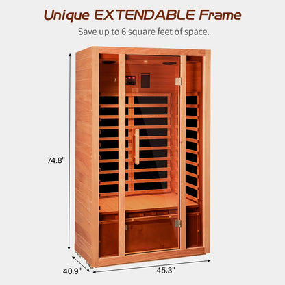 2 Person Extendable FAR Infrared Sauna for Home, Hemlock Wood Low EMF 6 Carbon Heaters Indoor Saunas with LED Lights, Bluetooth Speaker, Digital Control Panel, and Seating Bench